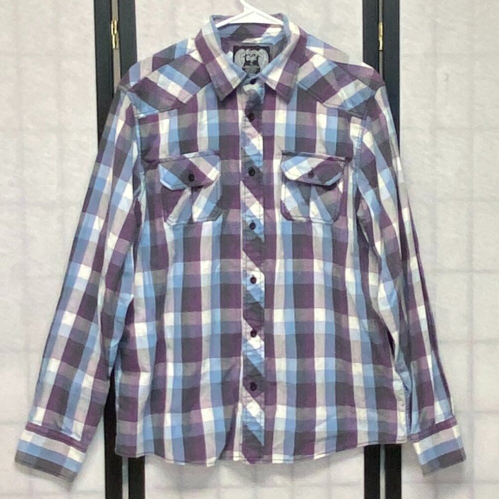Eighty Eight Collar Button Up Plaid Shirt L Purple Blue Flap Pocket Long Sleeve